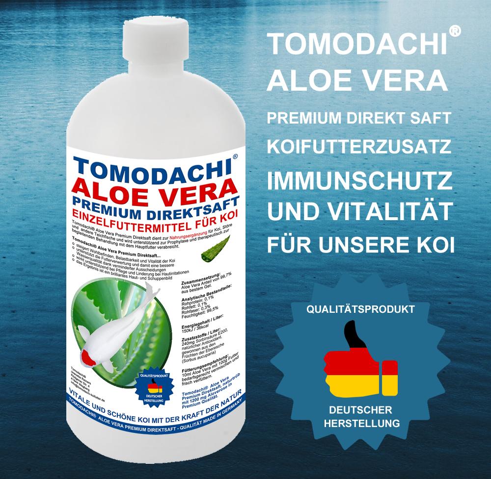 Aloe Vera Premium Direktsaft von Tomodachi, Koifutterzusatz zur Aufwertung des Koifutters - natürlicher Immunschutz für Vitalität und Schönheit unserer Koi.