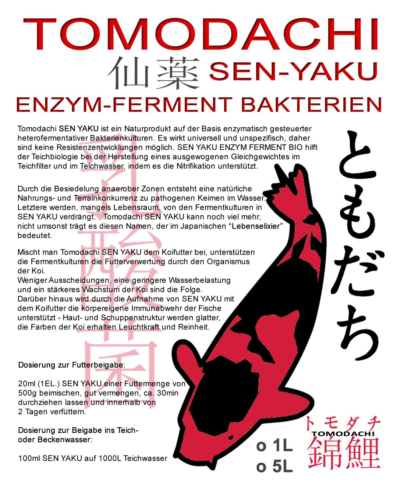 Sen-Yaku ist das japanische Wort für Lebenselixier, - ein Wunder bewirkender Trank, der auf natürlicher, biologischer Basis Wasserqualität im Teich und die Vitalität der Koi nachhaltig unterstützt.