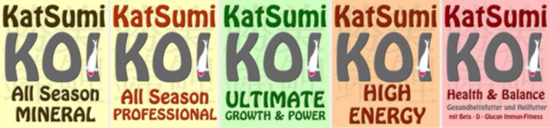 Die fünf Katsumi Koifuttersorten, im Hinblick auf altersgerechte Fütterung der Koi - 5 Grundfuttersorten mit jeweils 3 unterschiedlichen Pelletgrößen für eine optimale Fütterung der Koi aller Größen- und Altersklassen.