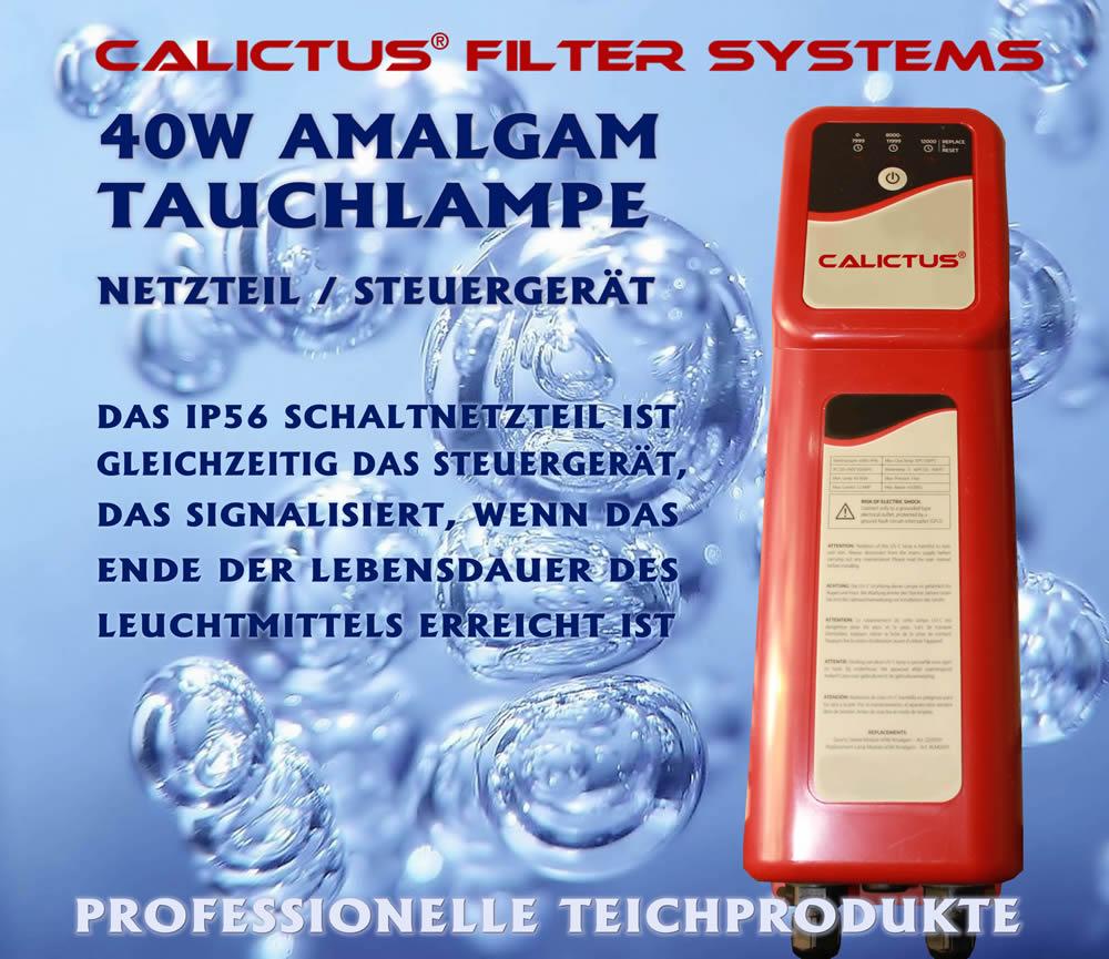 Der Amalgam UV Teichklärer von Calictus kann komfortabel an der Steuereinheit geschaltet und überwacht werden - algenfreies und gesundes Teichwasser mit der Calictus Amalgam Tauchlampe