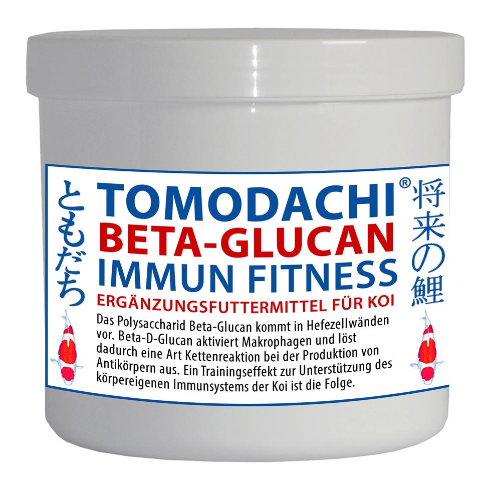 Tomodachi Betaglucan Immunfitness, der Koifutterzusatz, der die Immunabwehr unserer Koi trainiert, unterstützt das Immunsystem unserer Koi, besonders zu empfehlen im Frühjahr und im Herbst.