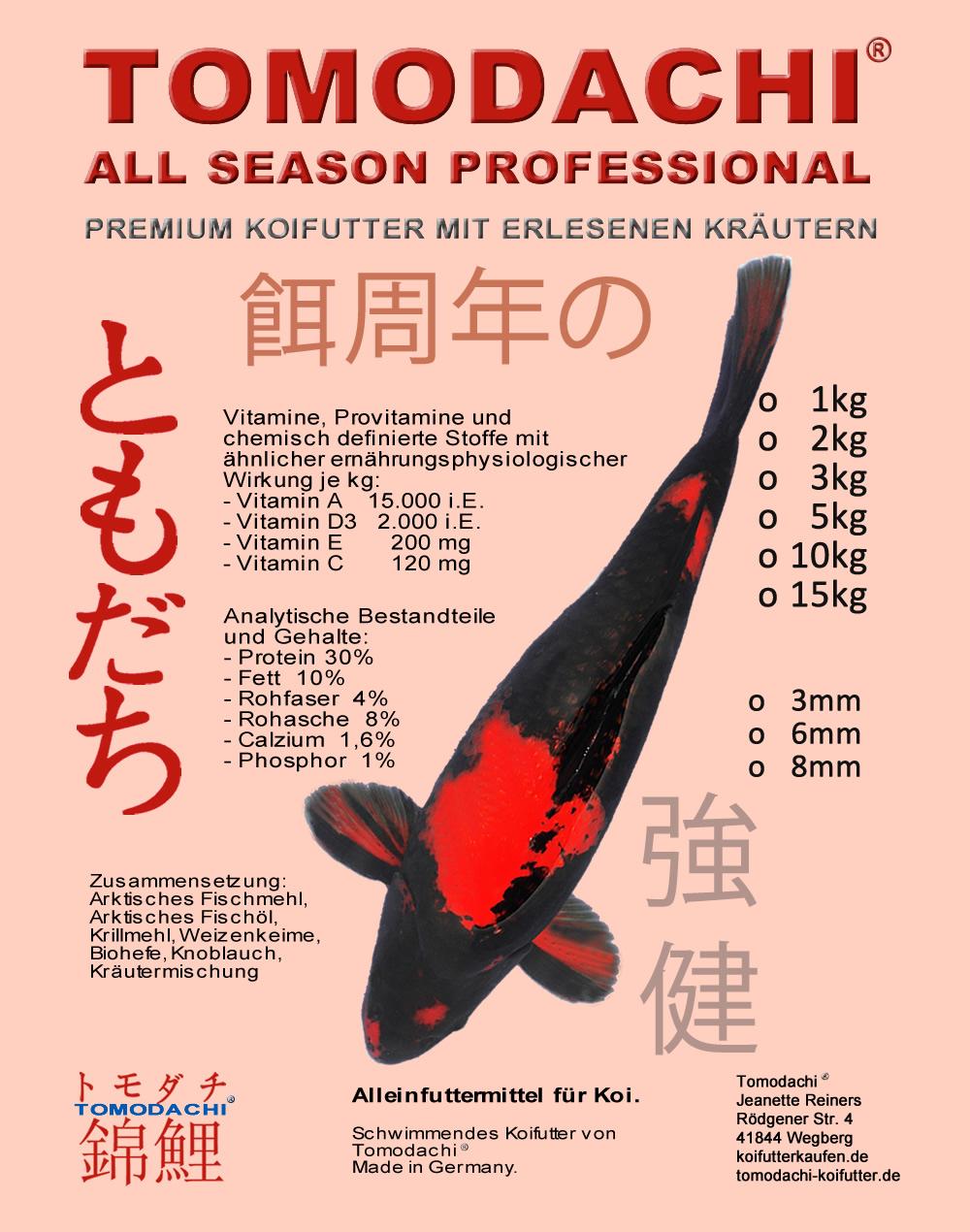 All Season Professional - das High-End Ganzjahresfutter von Tomodachi mit erlesenen Koifutterzutaten für vitale und bildschöne Koi