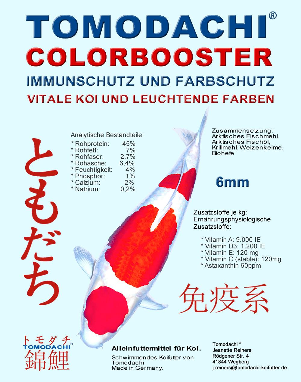 Tomodachi Colorbooster ist ein Wachstumstfutter mit der farbverstärkenden Wirkung von Astaxanthin, das den Erhalt der körpereigenen Immunabwehr der Koi unterstützt, für vitale und besonders schöne Koi.