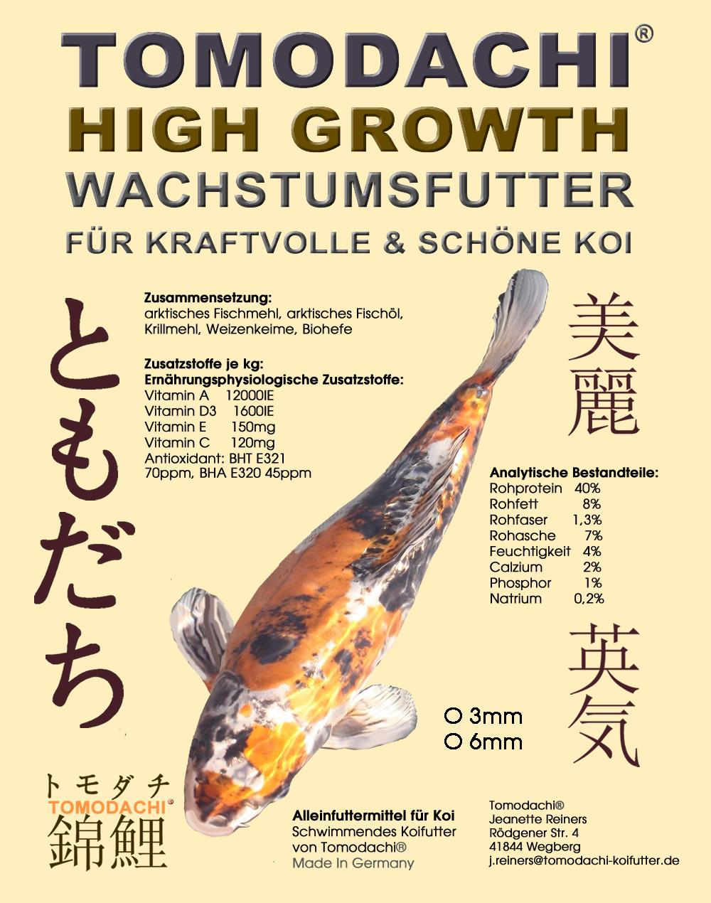 Tomodachi High Growth mit wertvollen arktischen Fischmehlen und Fischölen - das Premium Wachstums Koifutter für kraftvolle und schöne Koi