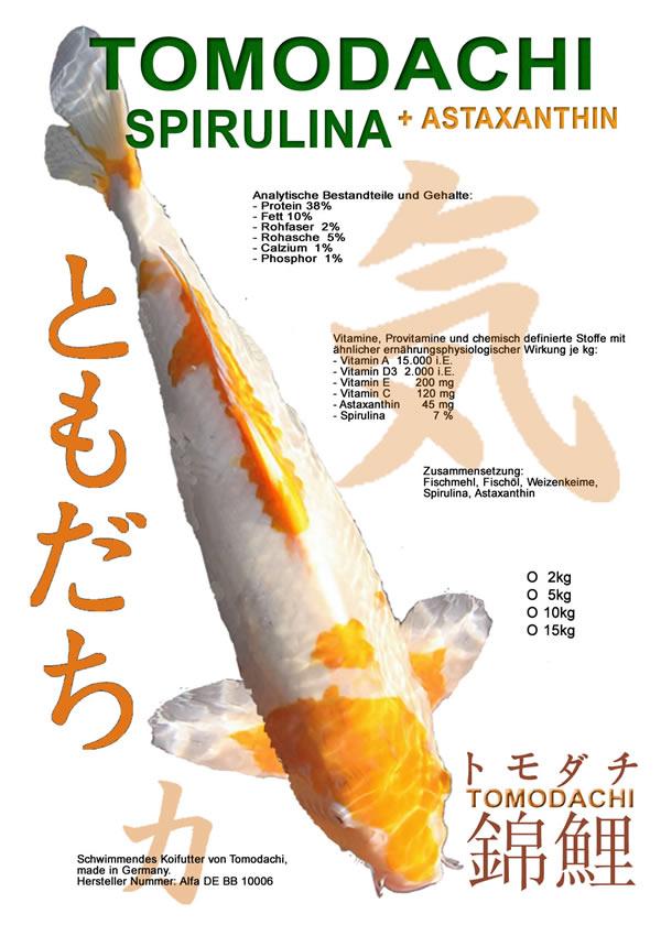 Tomodachi Spirulinafutter mit Astax für brilliant leuchtende Farben und ein tolles Wachstum bei allen Koi mit immunsystemunterstützender Wirkung.