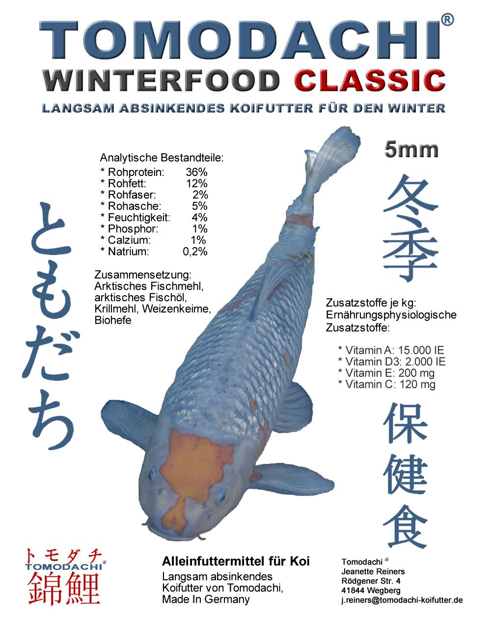 Winterfutter für Koi - Tomodachi Winterfood Classic - das langsam absinkende Koifutter, klassisches Winterfutter für Koi mit wertvollen arktischen Rohstoffen für gesunde und vitale Koi im Winter.